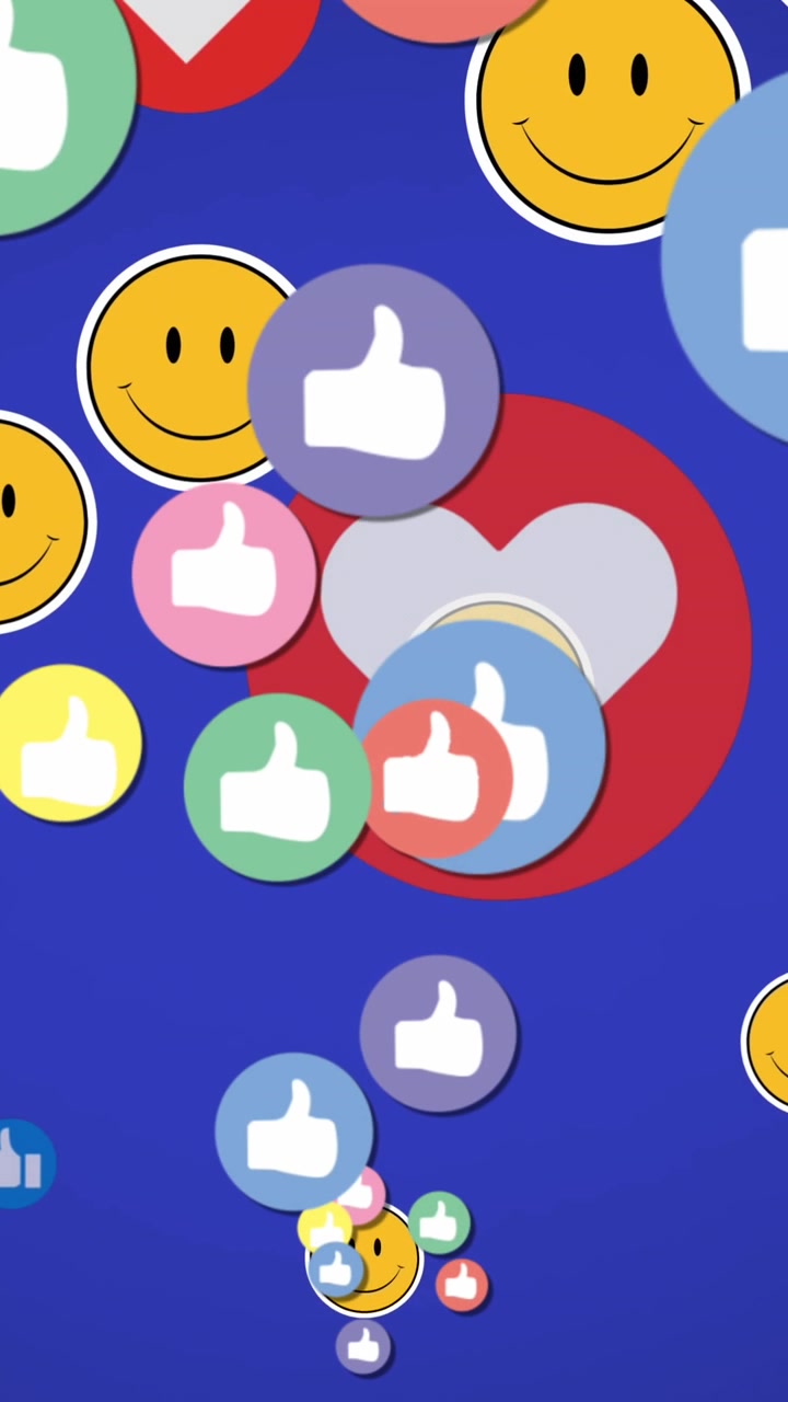 Animation of smiley, thumbs up and heart icons against blue background