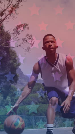 diseño de patrones de iconos de estrellas contra un jugador de baloncesto afroamericano practicando baloncesto