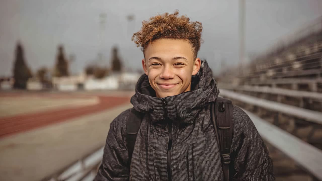 Uma jovem atleta alegre está confiantemente no estádio, usando uma jaqueta aconchegante, pronta para enfrentar o desafio da competição com um sorriso caloroso e uma atitude vibrante