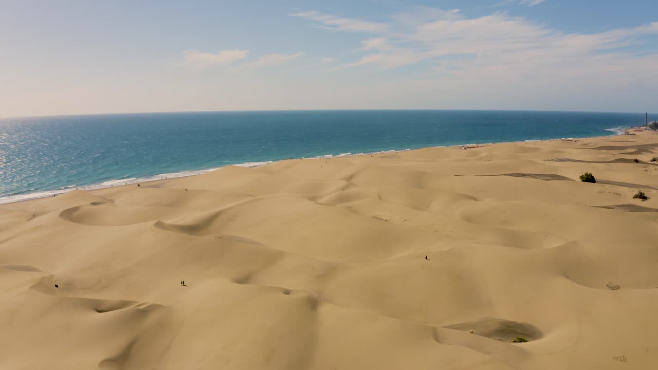 toma de drones de dunas y desierto con playa y mar, dunas de maspalomas, gran canaria