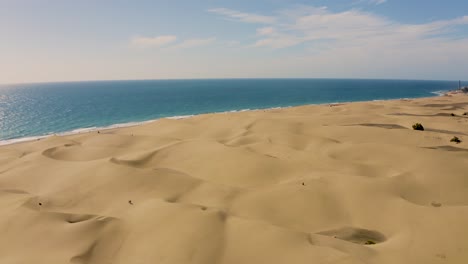 Drone-shot-of-dunes-and-desert-with-beach-and-sea,-dunas-de-maspalomas,-gran-canaria