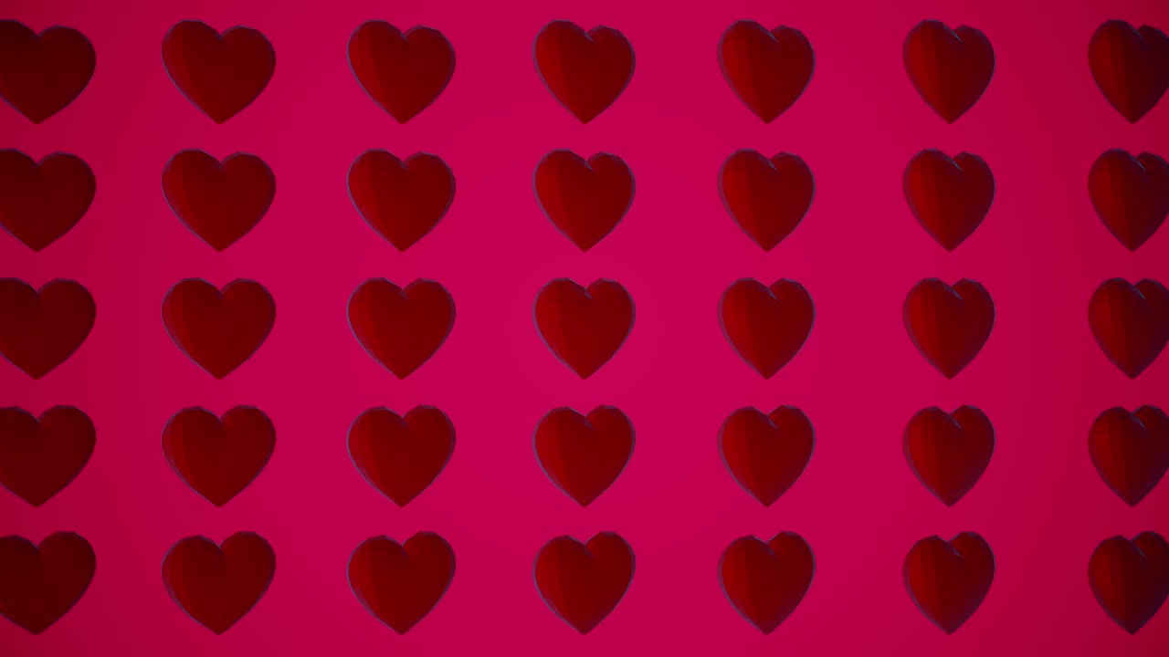 Motivo romantico con cuori rossi poligonali. Per l'evento di San Valentino. Animazione in loop 4k. Animazione 3D renderizzata in loop 4k.