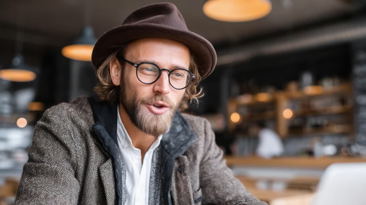 A Stylish Young Man Engaged in Conversation at a Cafe, Showcasing his Intellectual Vibe in a Cozy Ambiance with Casual Attire and Thoughtful Expressions