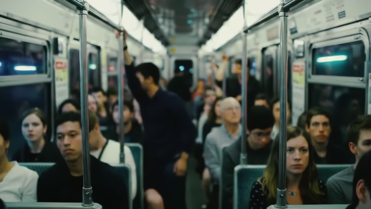 A Captivating Glimpse Inside a Crowded Subway Train, Showcasing Passengers' Emotions and Interactions During a Daily Commute Experience