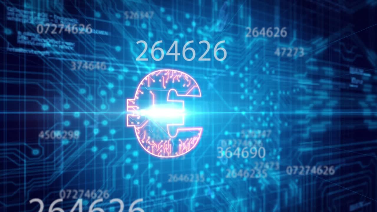 Animazione di numeri ed euro su sfondo blu con circuito integrato
