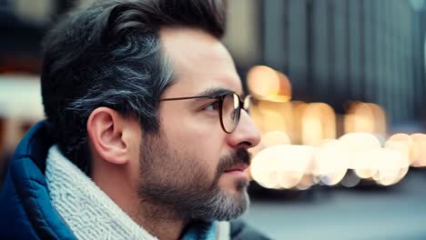 a man with glasses and a scarf on a city street