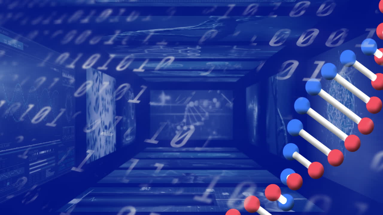 바이너리 코딩에 대한 의료 데이터 처리에 대한 화면 위에서 회전하는 dna 구조