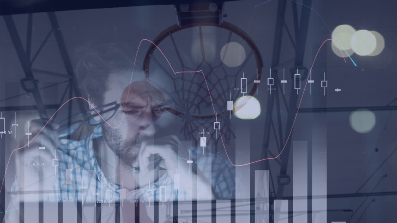 Animation of data processing and caucasian businessman over male basketball player at gym