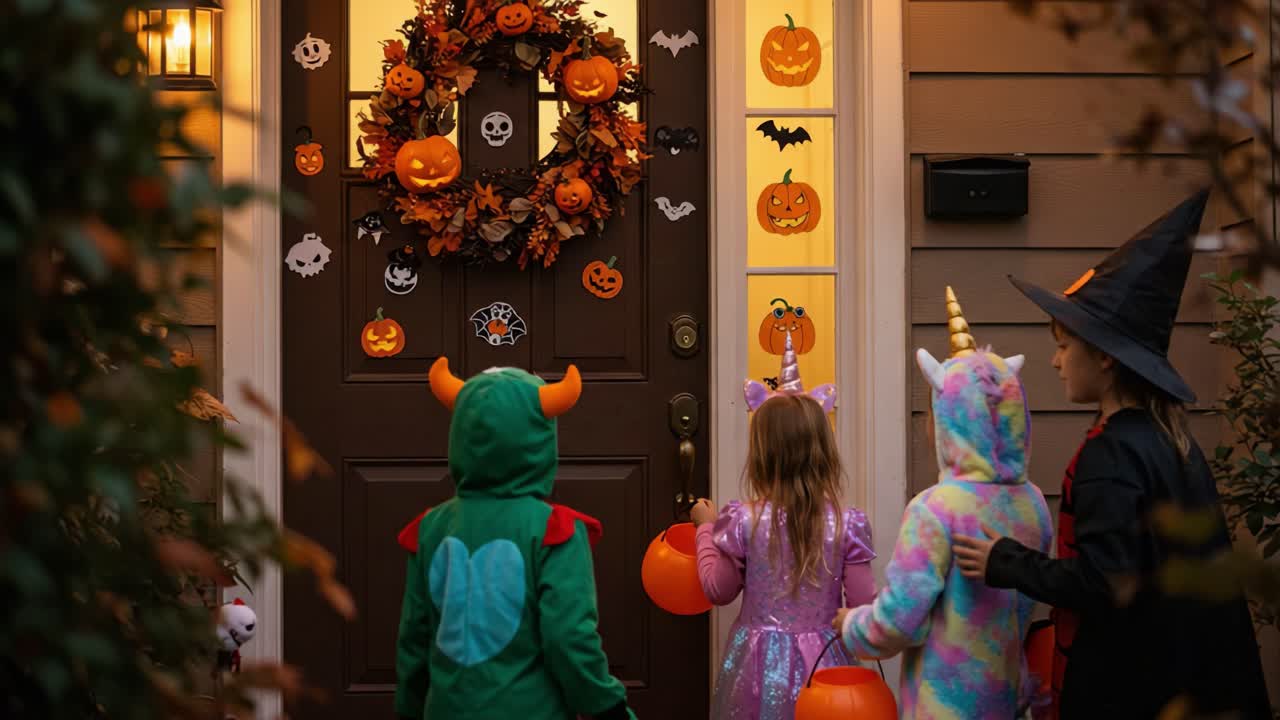 A Group of Children in Colorful Costumes Approaches a Festively Decorated Door, Ready for Halloween Treats Amidst Pumpkins and Spooky Decor