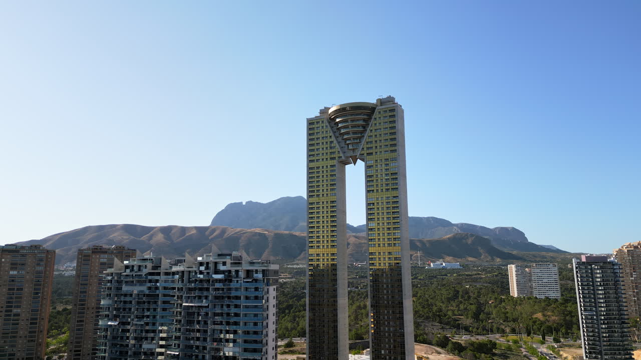Aerial drone view of the Intempo skyscraper building in Benidorm, Alicante, Spain in daylight