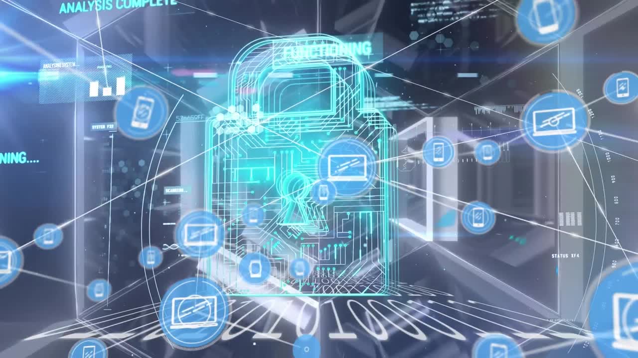 Animation of connected icons, computer language, circuit board pattern in padlock on hexagon tunnel