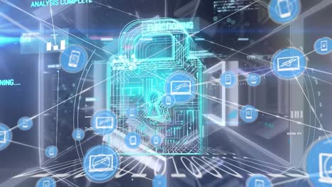 animation of connected icons, computer language, circuit board pattern in padlock on hexagon tunnel