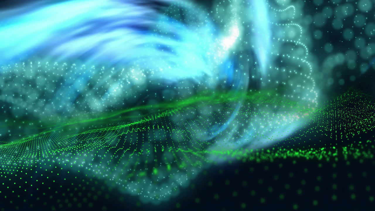 Animation of blue lights and blue and green network waves on black background