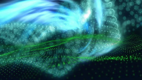 animation of blue lights and blue and green network waves on black background