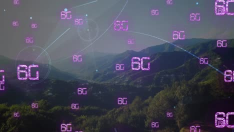 Animation-Mehrerer-6g-Textbanner-Und-Netzwerk-Von-Verbindungen-Vor-Einer-Landschaft-Mit-Bergen