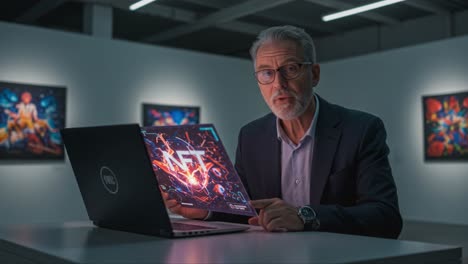 a business professional examines an engaging nft art piece in a modern gallery setup, bridging the gap between technology and creativity through digital expression