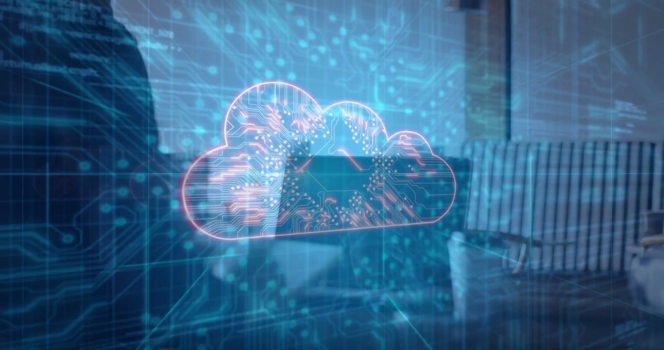 Man standing left while circuit overlay rising over desk, BTC drifting, cloud forming for finance