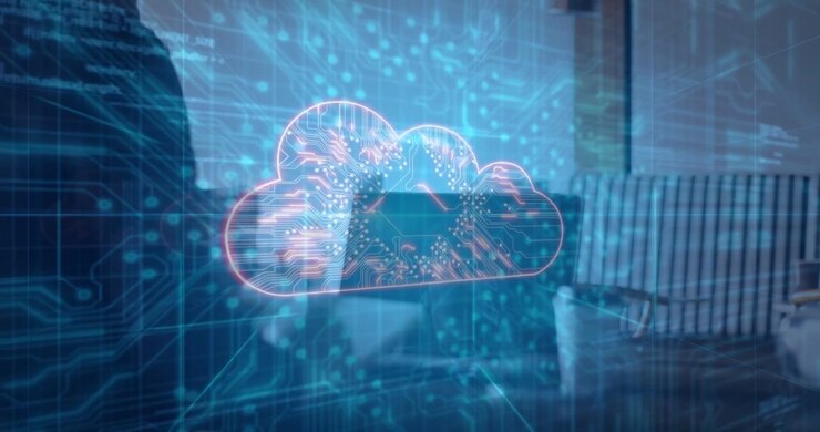 Man standing left while circuit overlay rising over desk, BTC drifting, cloud forming for finance