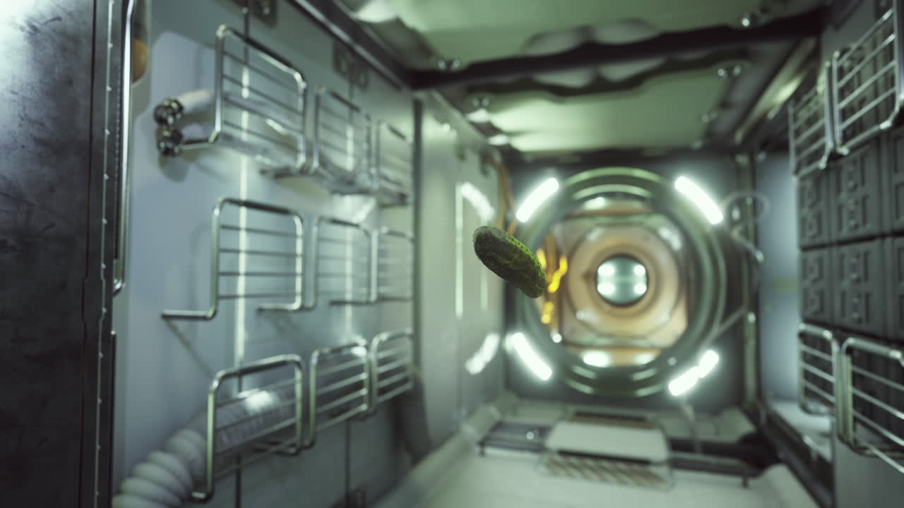 A pickled cucumber drifts freely inside the international space station