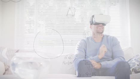 Animation-Mathematischer-Zeichnungen-Und-Gleichungen-über-Einem-Mann-Mit-VR-Headset