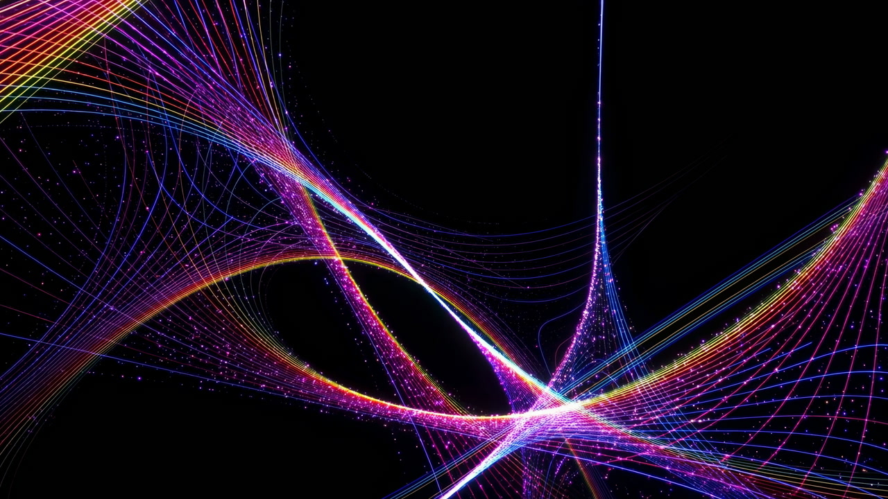 Vibrant Neon Strands Weaving Over Black Background, Colorful Curves Intersect With Sparkling Nodes, Ideal