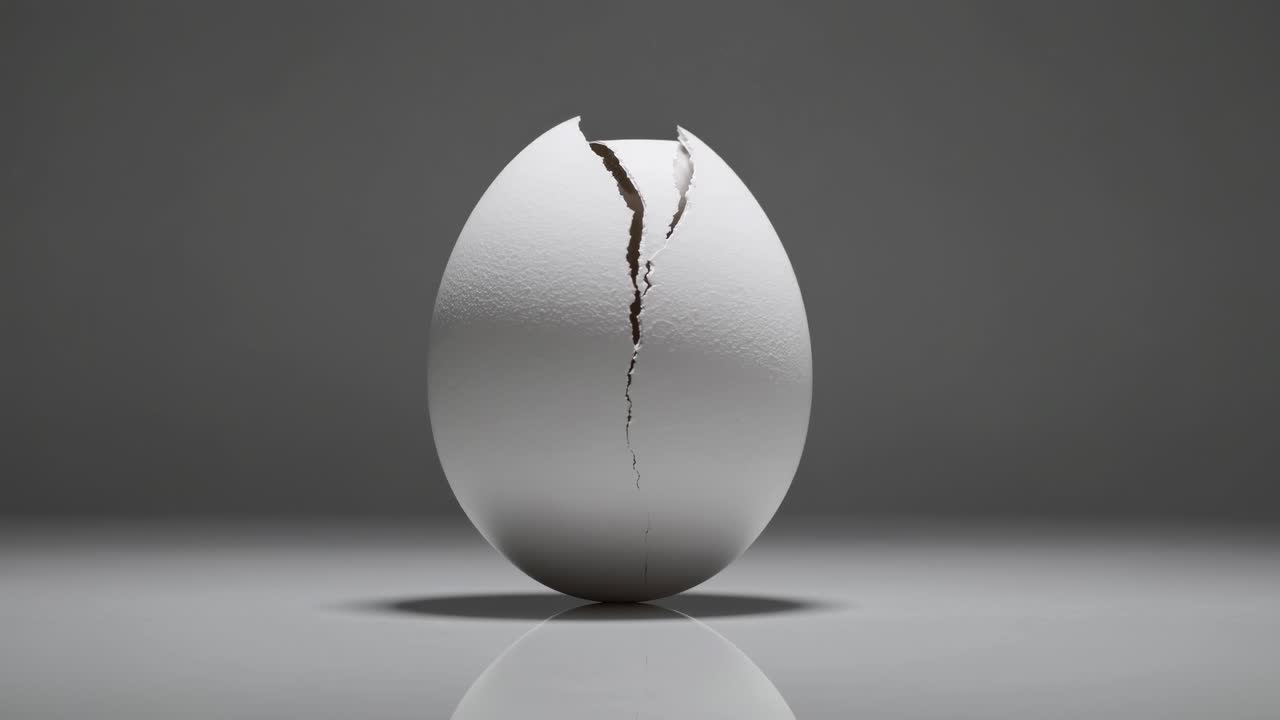灰色を背景に、わずかなひび割れのある卵1個をローアングルで撮影したミニマルな映像。