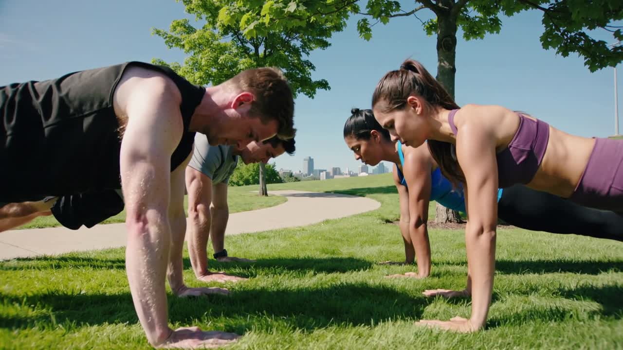 Gruppo di quattro adulti che eseguono flessioni allineate sull'erba in un parco cittadino, indossando abbigliamento sportivo