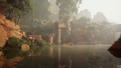 ancient ruins in a jungle setting