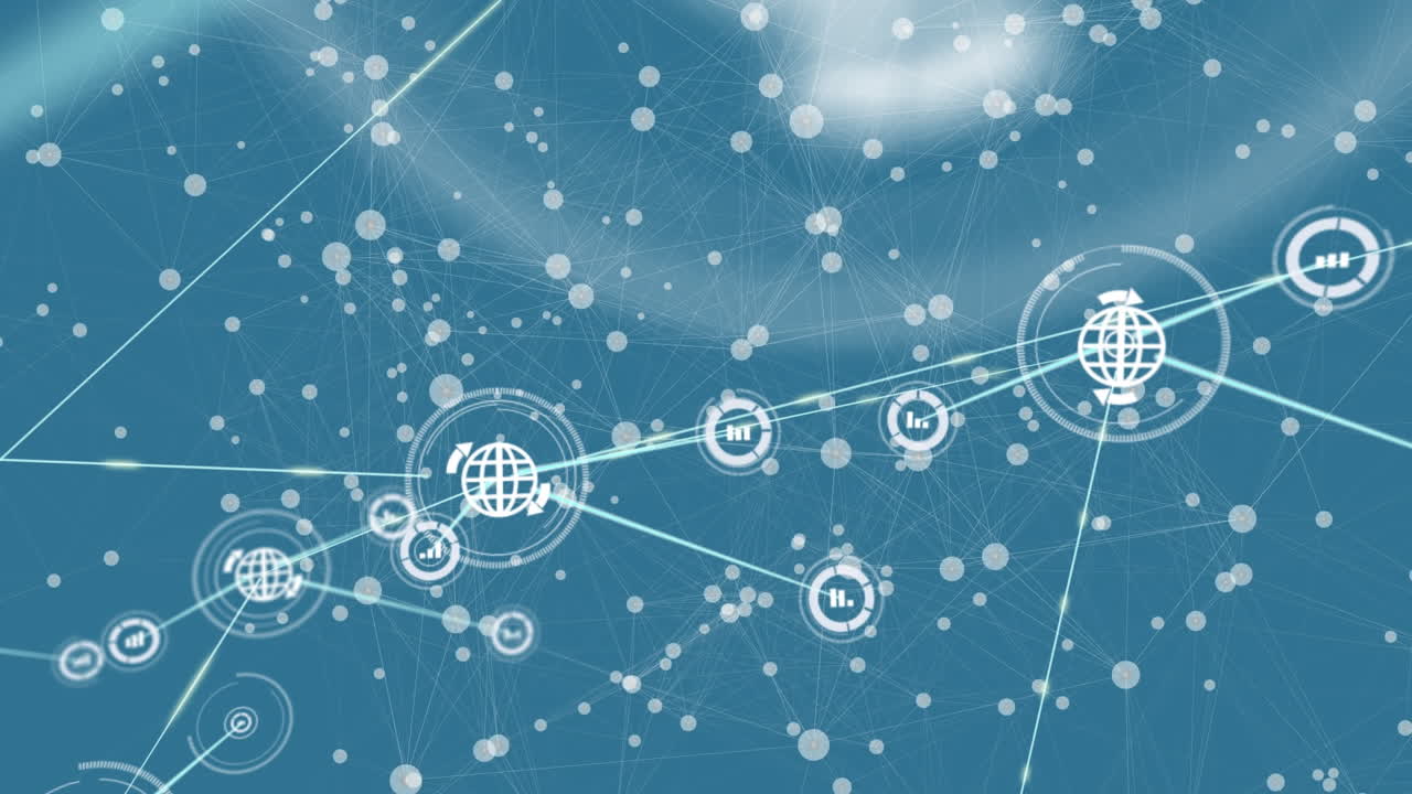 파란색 배경 위에 아이콘으로 연결 네트워크의 애니메이션