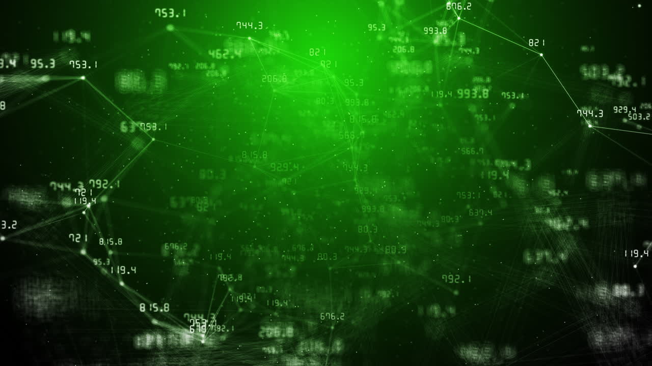 Numbers and plexus lines on green abstract background. Financial indicators that change chaotically. Connected dots and small particles. Looped business animation.