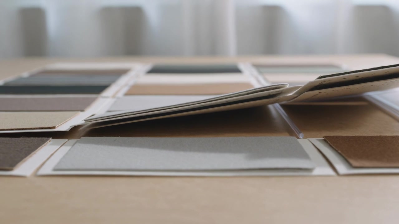 Right push nudging booklet flipping, arching on wood table over swatch grid showing speckled back