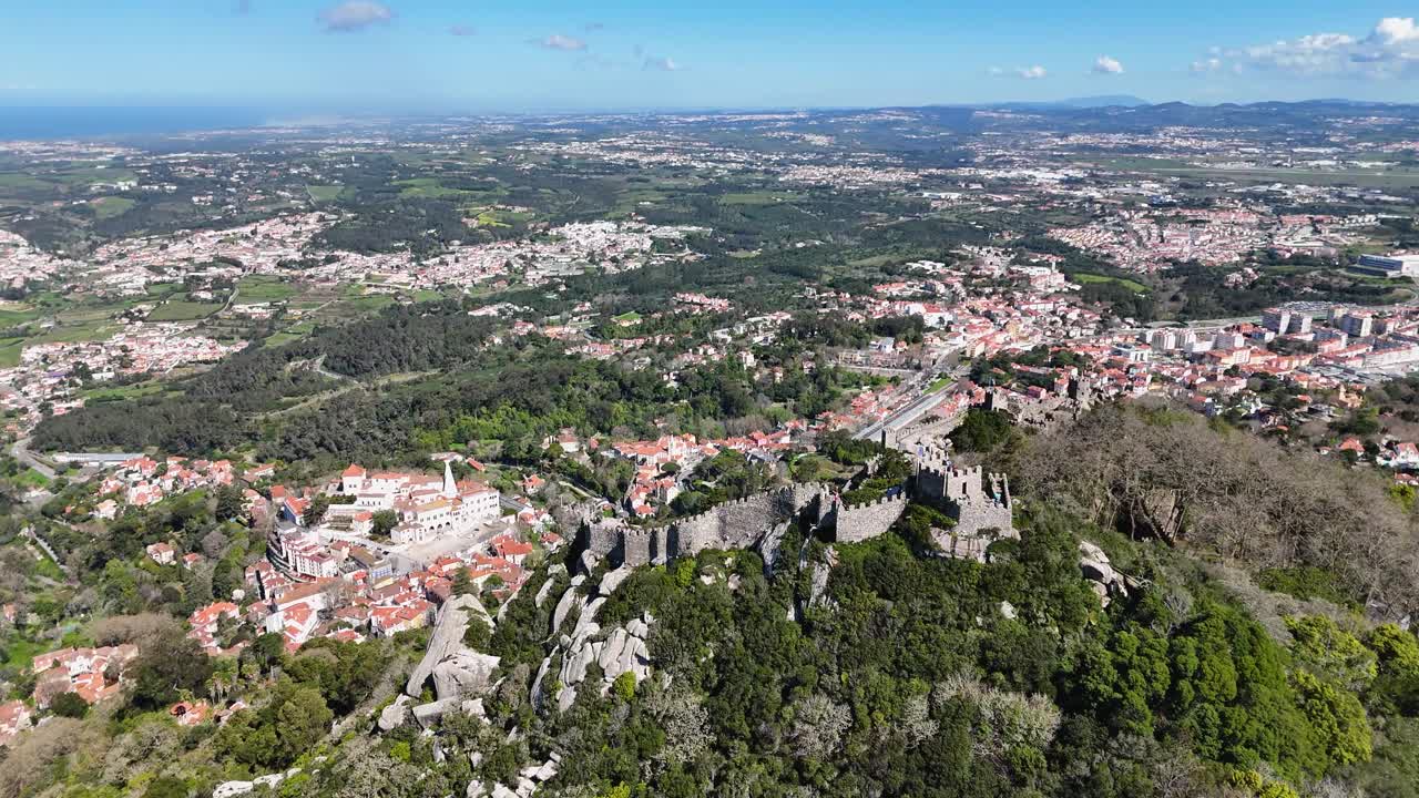 Aerial view of Moorish Castle in Sintra on sunny day