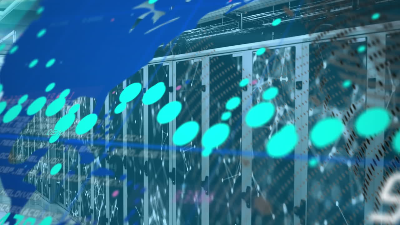 animación de puntos, mapa, números cambiantes, puntos conectados que se mueven sobre bastidores de servidores de datos