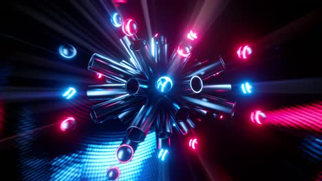 Blue-and-red-neon-spheres-jump-out-of-metal-tubes.-Infinitely-looped-animation