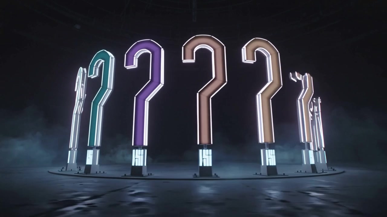 Lighting starting, cycling neon question mark ring shifting color on platform for reveal with fog
