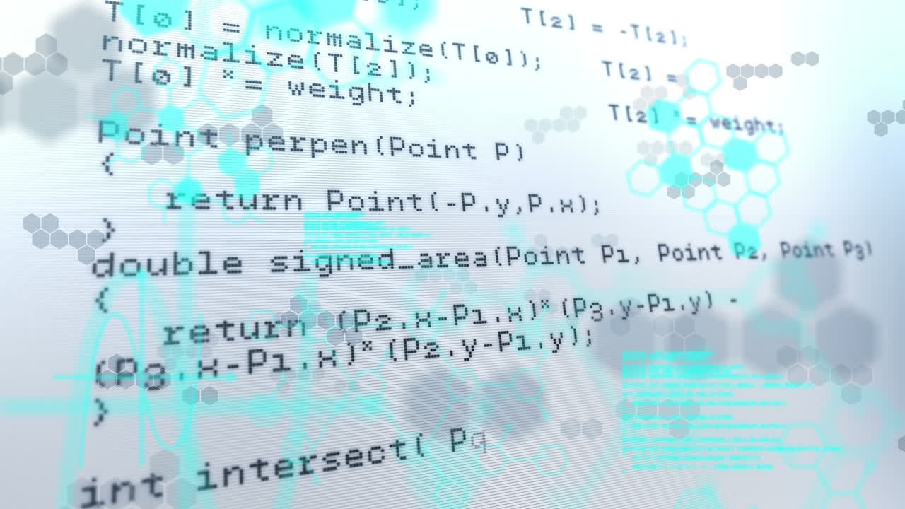 회색 배경에 있는 데이터 처리에 대한 파란색 육각형의 애니메이션