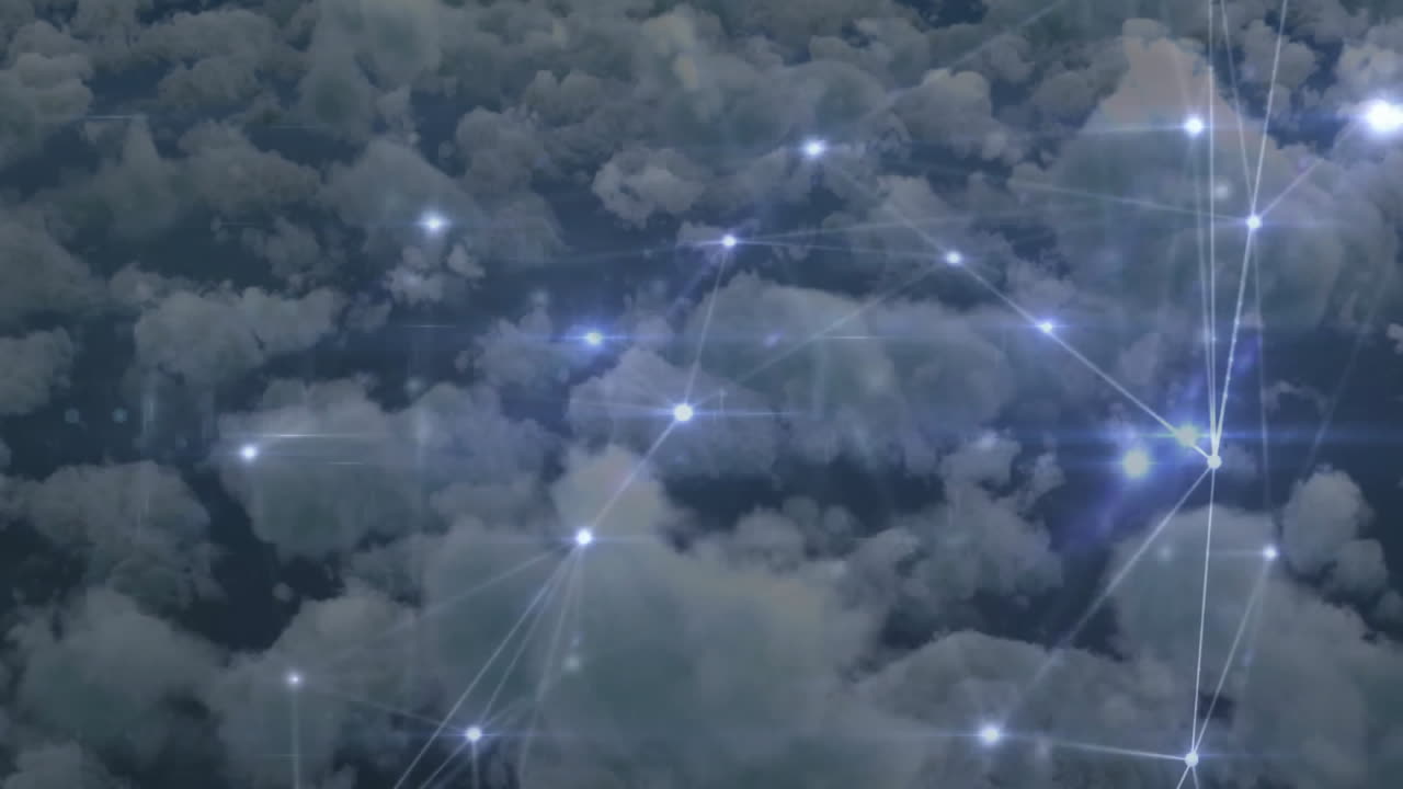 Animation of glowing connections forming network over clouds in digital sky