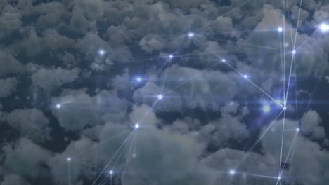 animation of glowing connections forming network over clouds in digital sky