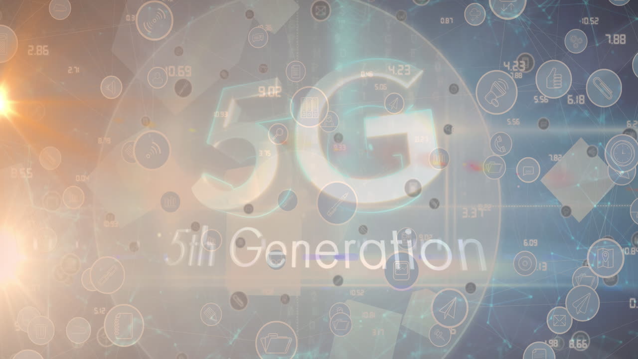 비즈니스 아이콘과 5g 텍스트의 애니메이션, 빛의 점과 지구