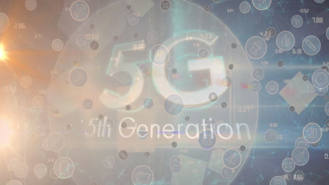animación de iconos de negocios y texto 5g sobre puntos de luz y globo