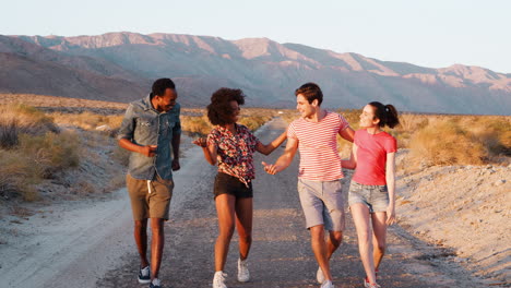 Two-young-adult-couples-walking-together-on-a-desert-road