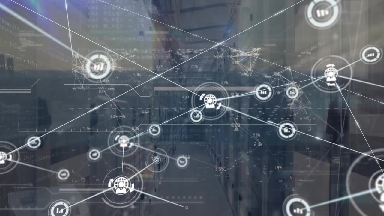 Animation of network of connections with icons and data processing over server room