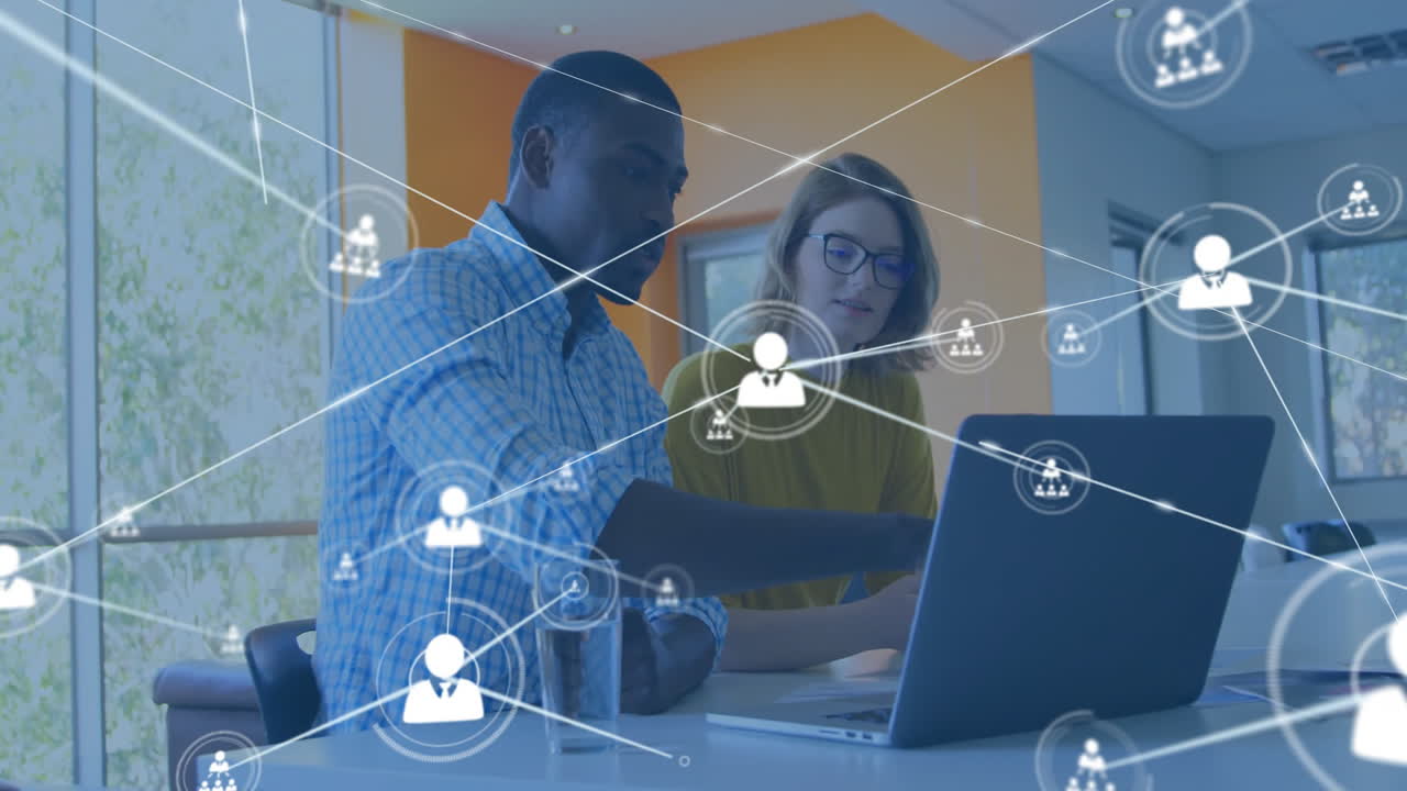 Animation of network of connections with people icons over diverse business people in office
