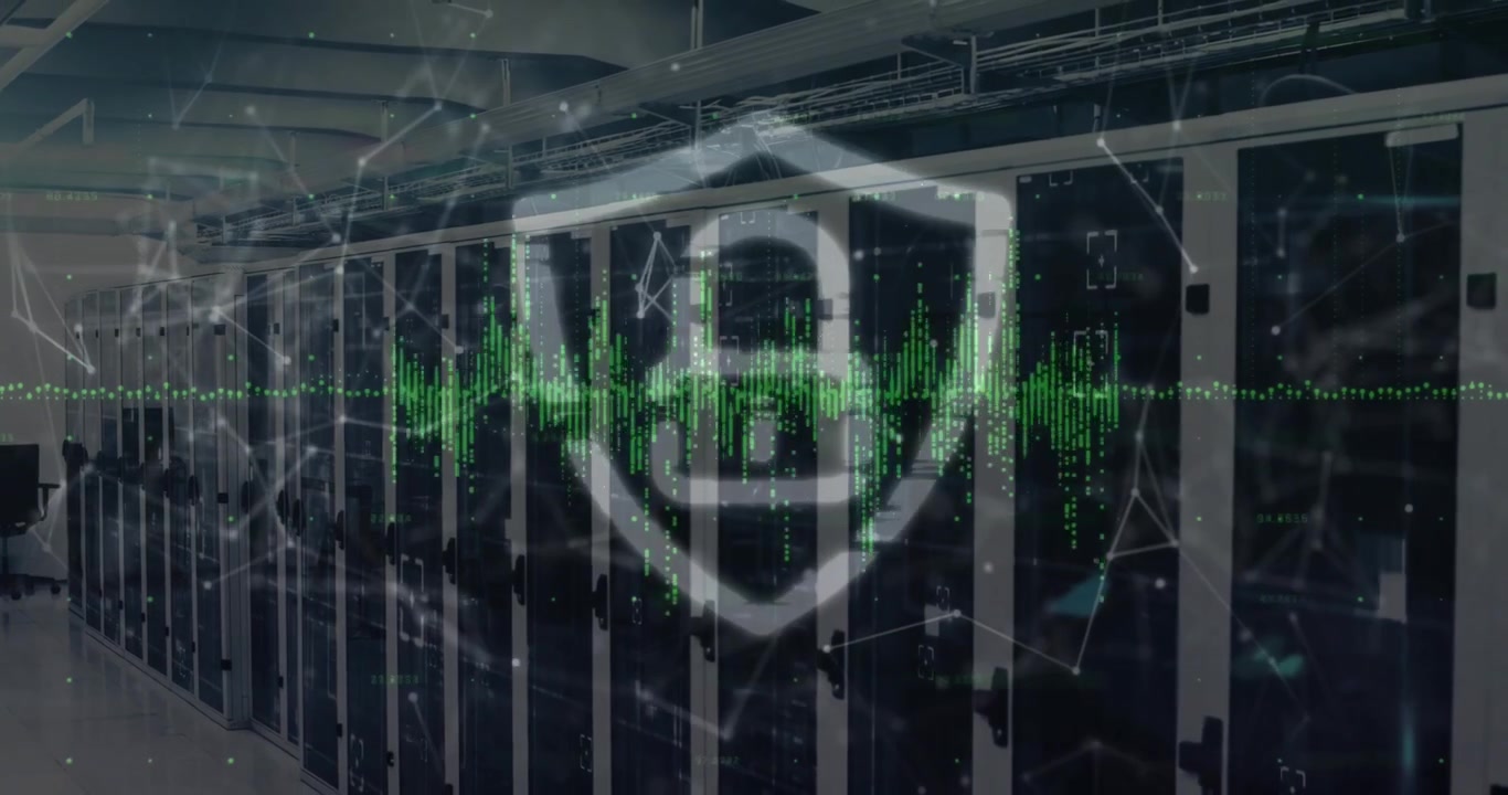 Animation of padlock icon, network of connections data processing over computer servers