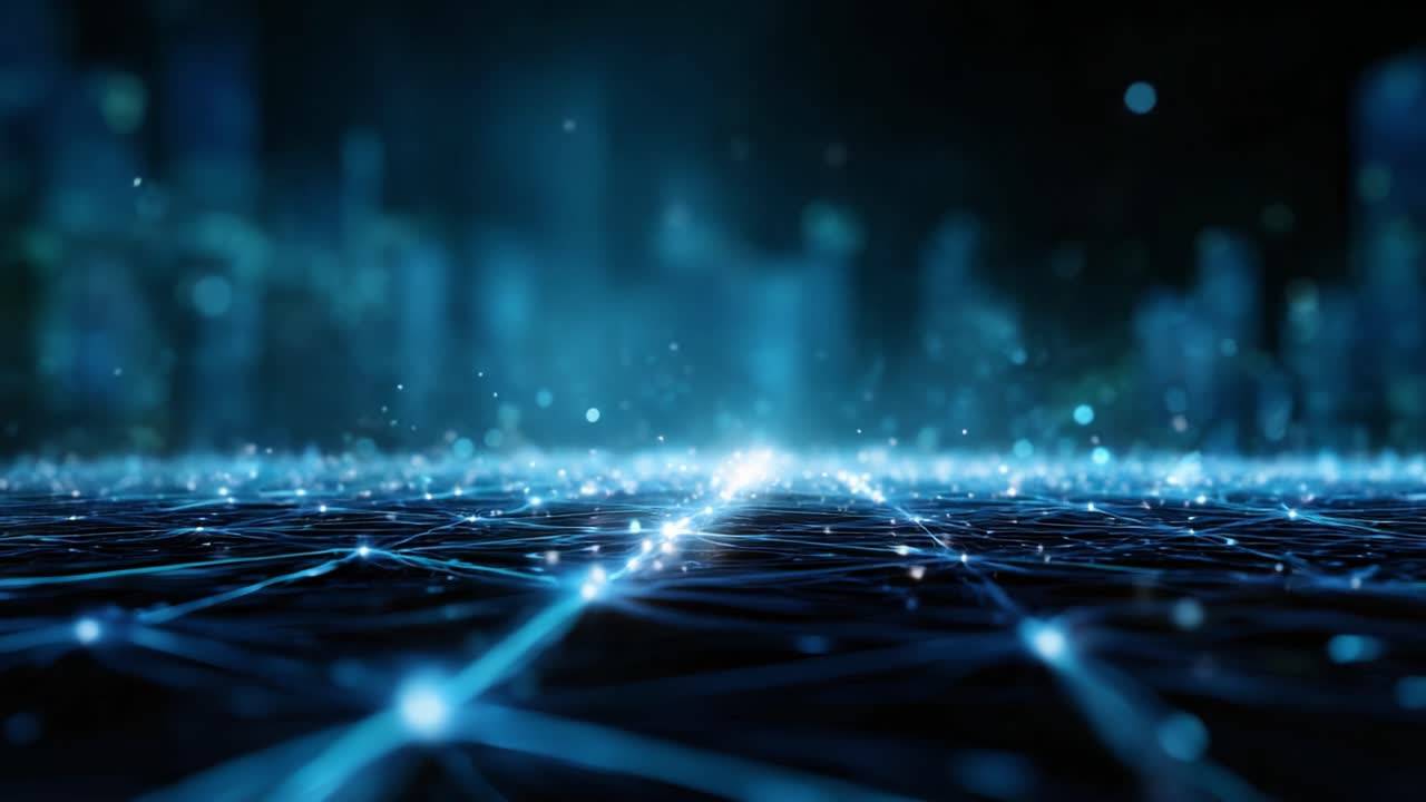 An immersive visual representation of a futuristic network of lights, showcasing glowing connections and a vibrant digital landscape in a captivating blue ambiance