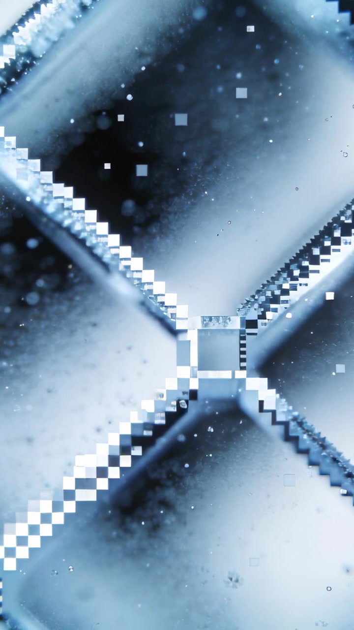 Vertical video: Flaring central hub starting pixel shifting on X cross in smoky bluish-grey field