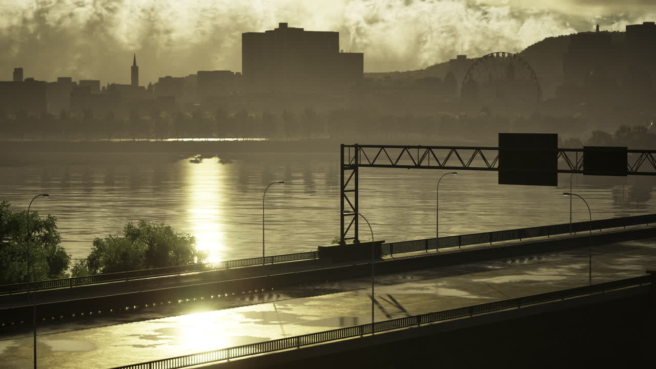 Cityscape at Dawn with Bridge and Ferris Wheel