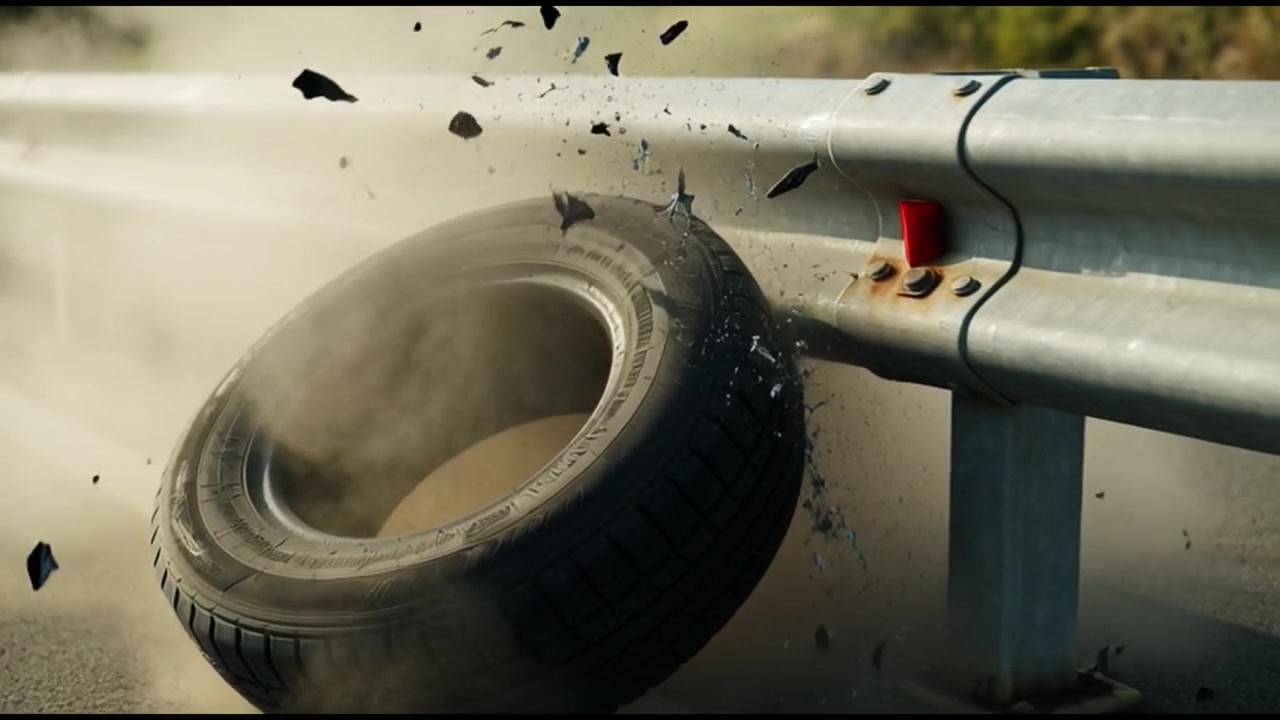 Car Tire Colliding with Metal Guardrail on Highway