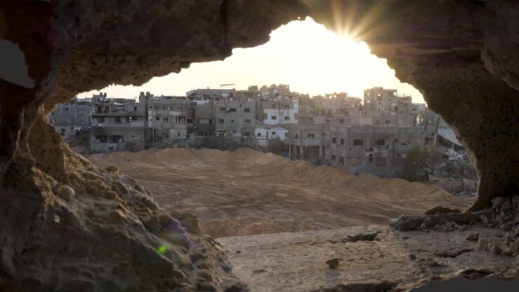 Guardando attraverso i resti di un muro verso isolati cittadini distrutti a Gaza
