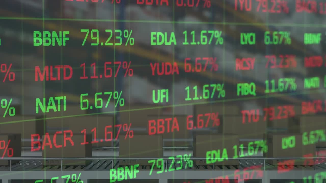 Animazione di elaborazione finanziaria su scatole di cartone su nastri trasportatori in magazzino